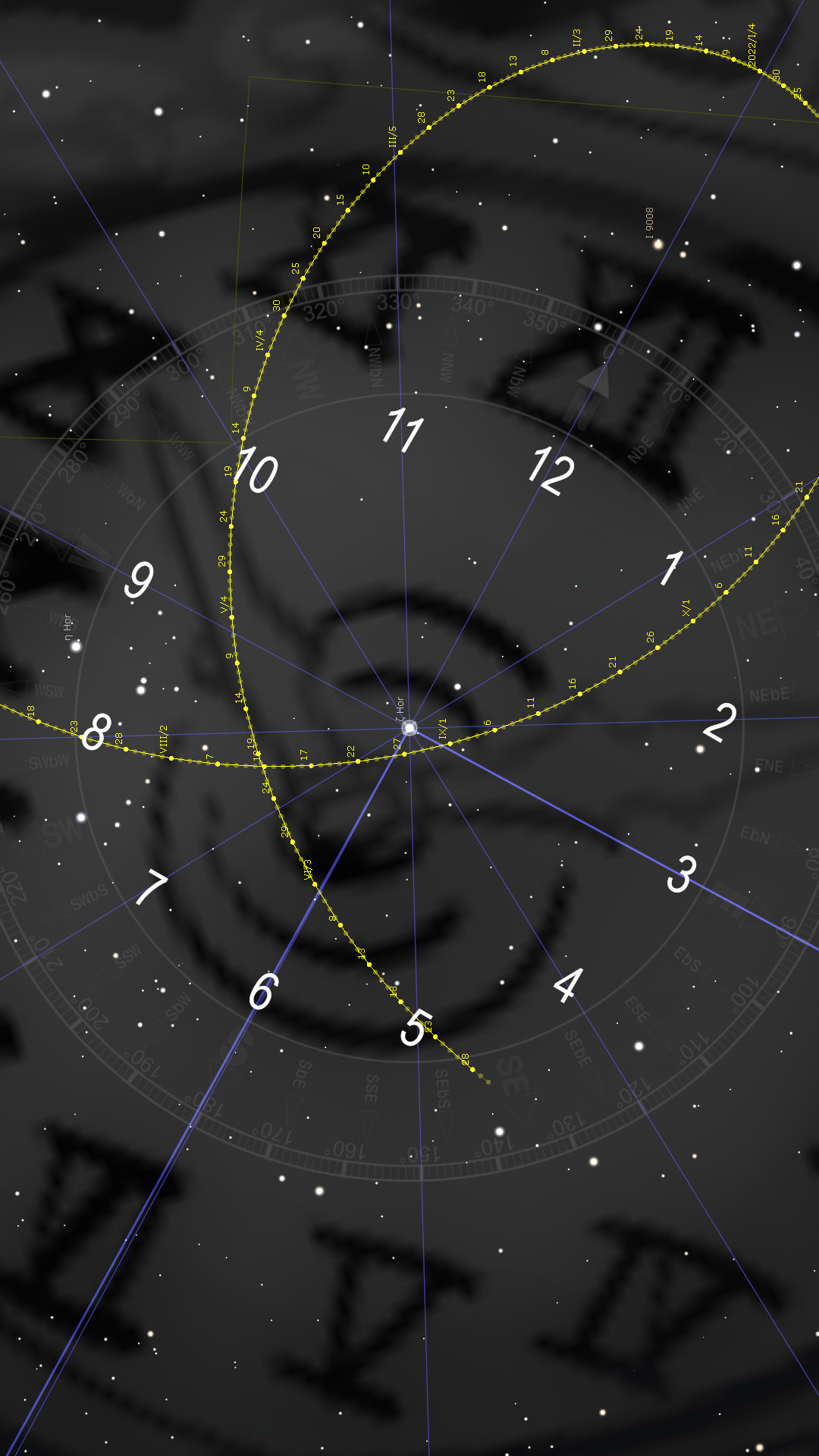 A detailed celestial map featuring constellations and the ecliptic path marked with a yellow dotted line across a dark starry sky, overlaid with numerical markers and connecting lines. Sections of a large circular scale, labeled with the hours 1 through 12 in a counterclockwise arrangement, encompass the periphery.