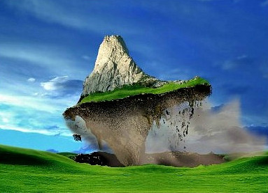 A surreal landscape featuring a floating island with a rocky peak covered in green foliage, hovering above a grassy plain under a clear blue sky.