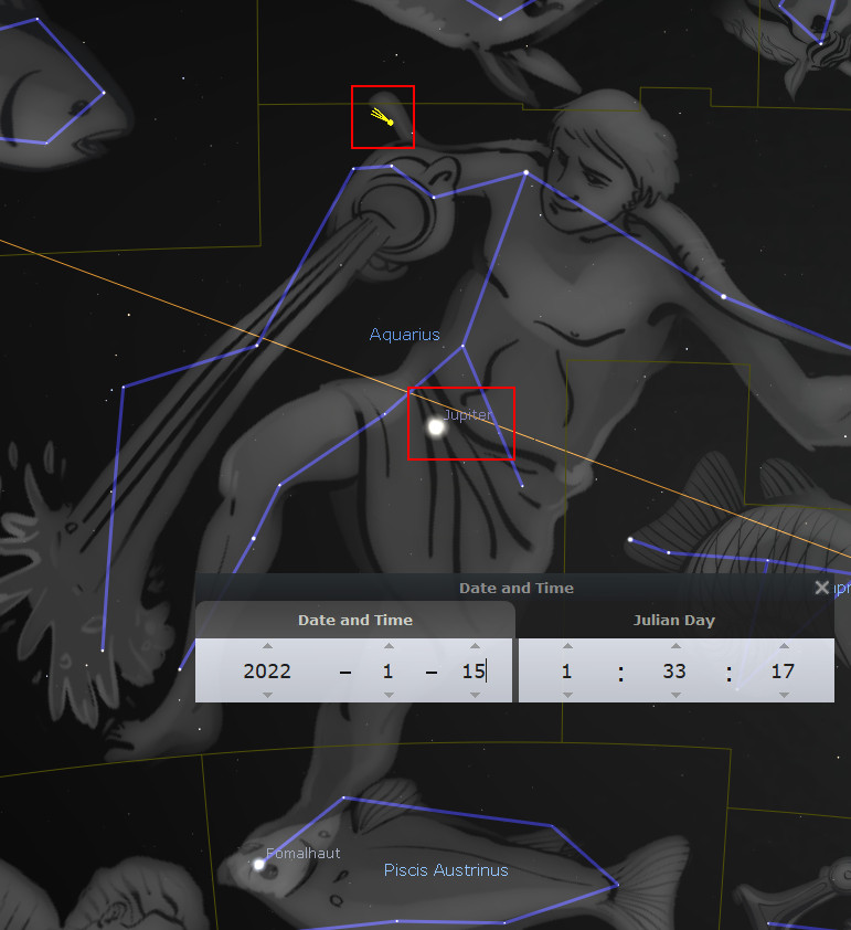 A detailed astronomical software depiction showing a constellation figure pouring water from a vessel, identified as part of the Mazzaroth, with the planet Jupiter highlighted within its area. The background features dark shades to enhance the visibility of the star patterns, lines, and celestial names. Astronomical data for date and time is displayed at the bottom.
