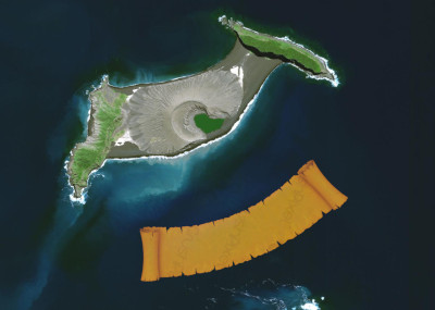 Satellite imagery showing two distinct islands, one resembling the shape of a bull and the other shaped like a crescent, positioned in a deep blue sea. The top island is lush with vibrant green vegetation and a central sandy area, while the lower island is in bright orange color, possibly representing light refraction or artistic enhancement.