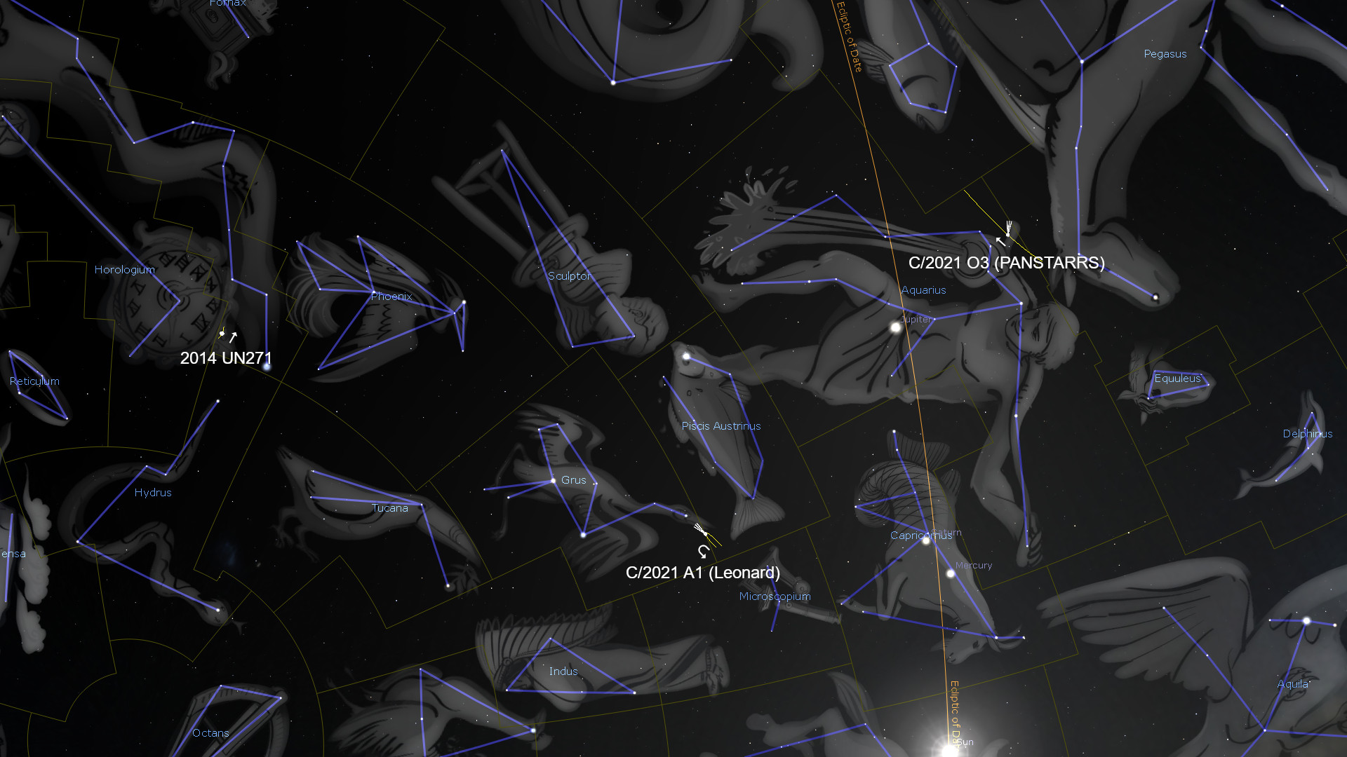 A detailed digital depiction of the night sky showcasing a multitude of constellations interconnected by blue lines, with artistic representations of various celestial figures. The image also includes labels of celestial objects such as comets ("2014 UN271", "C/2021 A1 (Leonard)", "C/2021 03 (PANSTARRS)") and several other identified points marked by stars within the constellations.