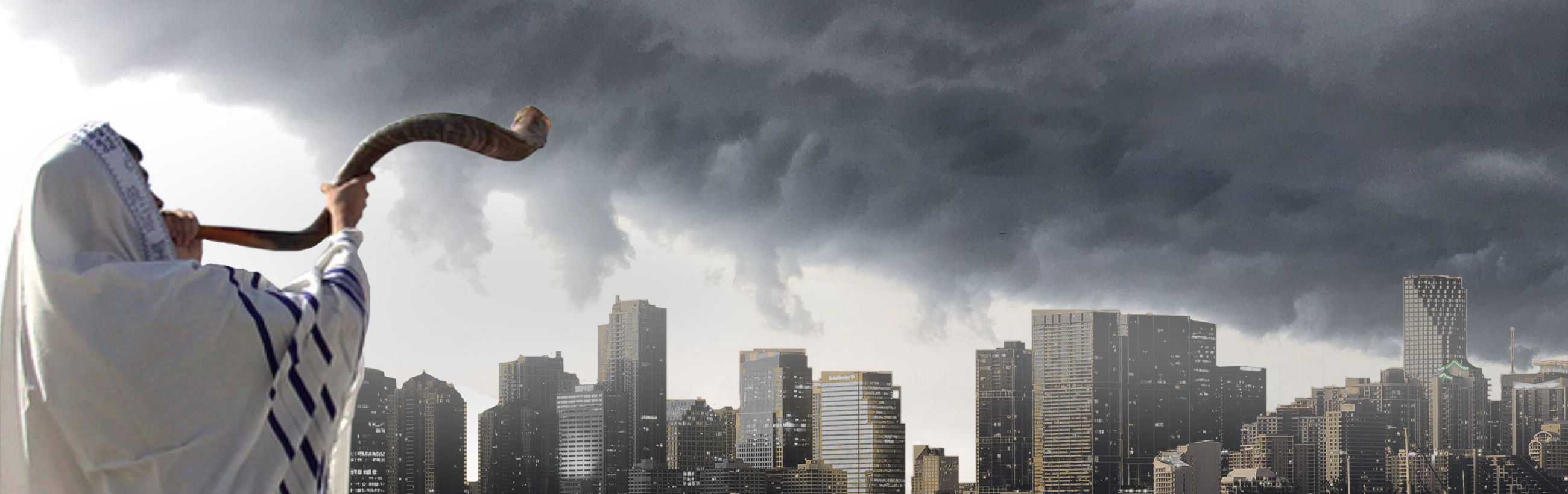 Una persona con el atuendo tradicional blanco y azul toca un shofar, un instrumento de viento histórico, con un horizonte urbano tormentoso como telón de fondo. El cielo nublado con nubes oscuras anuncia una tormenta inminente sobre el conjunto de edificios modernos.