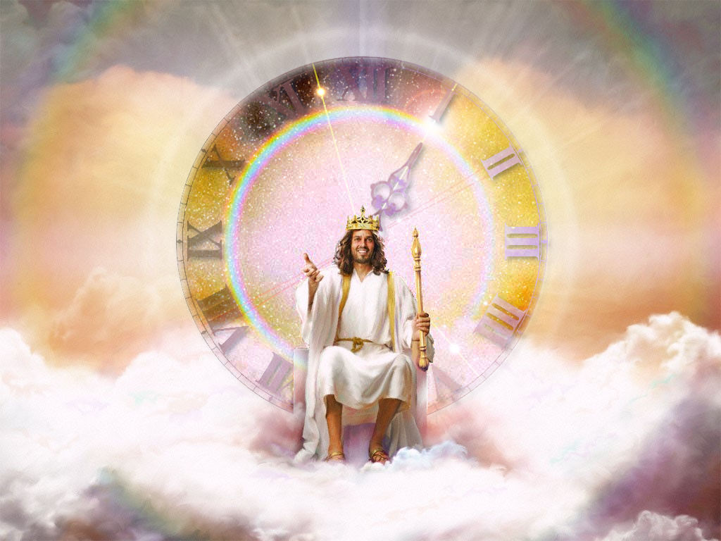 An artistic rendering of a regal figure resembling historical depictions of Jesus, seated on a throne among clouds. The figure, clad in a white robe and crowned, holds a scepter and gestures towards a circular celestial map encompassing symbols akin to those in the Mazzaroth. A radiant rainbow and ethereal light surround the scene, emphasizing a mystical atmosphere.