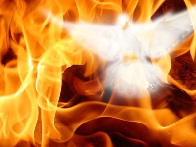 Una imagen vibrante que representa una paloma blanca en vuelo superpuesta sobre intensas llamas de color naranja y amarillo.