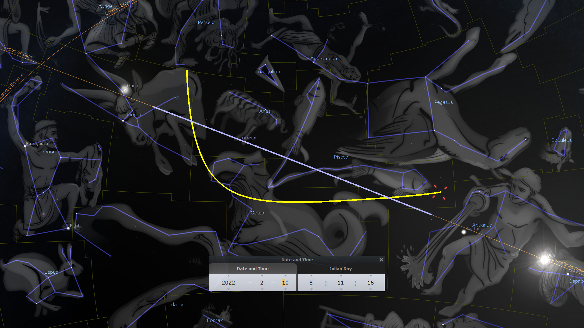 A digital stellar map displaying various celestial figures connected by blue lines, set against a dark background. It features representations such as a humanoid archer, a large fish, and a winged horse among others. Yellow lines trace specific trajectories in the heavens, intersecting with an image highlighting celestial bodies, like the Moon and Uranus.