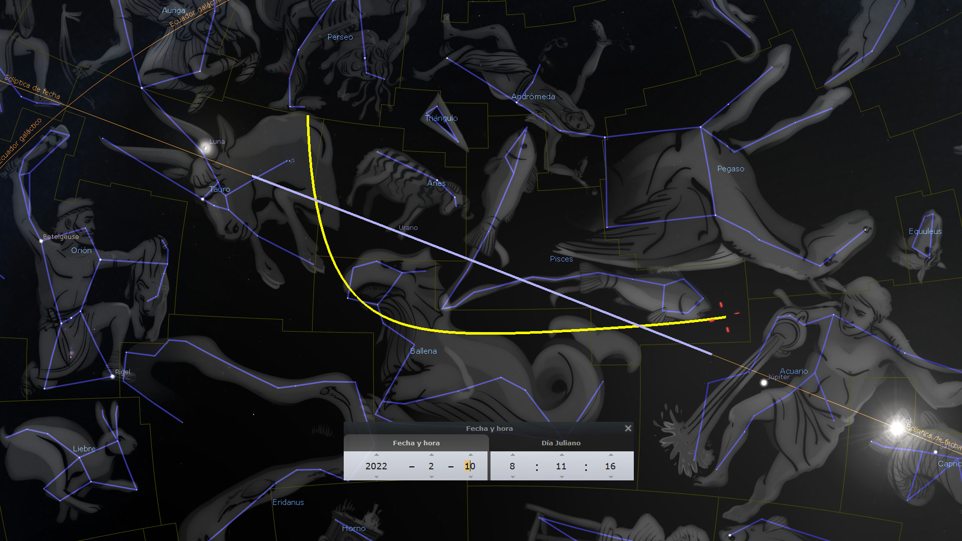 Una representación digital del firmamento nocturno mostrando diversas constelaciones conectadas por líneas azules, sobre un fondo oscuro estrellado. Incluye figuras mitológicas y nombres de constelaciones en español. Una trayectoria amarilla cruza la imagen, posiblemente marcando la órbita de un cuerpo celeste.
