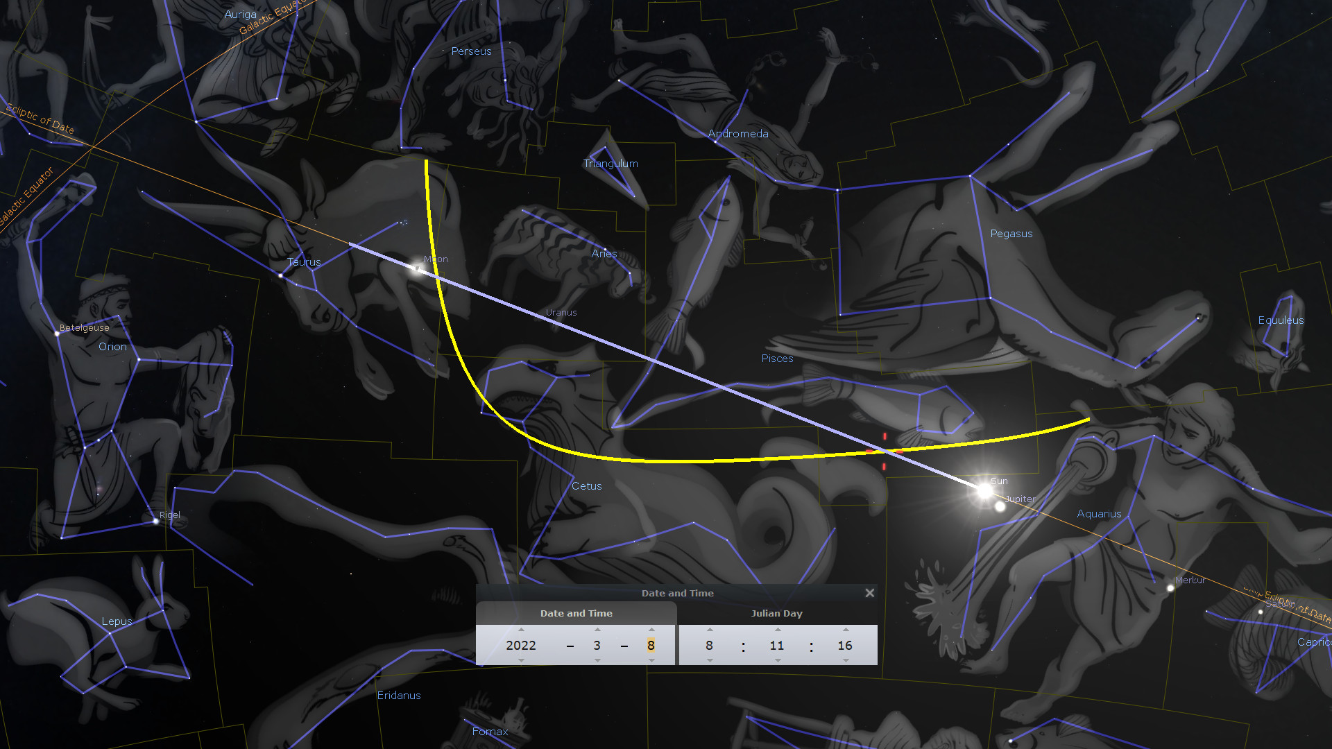 A digital representation of a celestial map featuring various constellations depicted as mythological and animal figures in grayscale against a dark background. The constellations are interconnected by lines and labeled with their names, including prominent stars such as Betelgeuse and Rigel in Orion. A bright yellow line representing the ecliptic intersects the figures, including a close representation of the celestial bodies such as the Sun and the Moon.