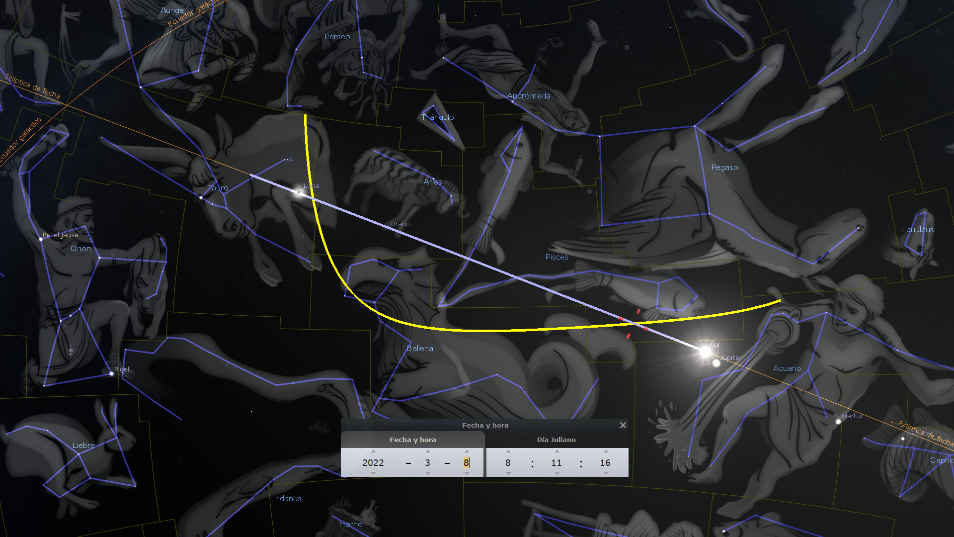 Imagen de un mapa estelar interactivo con representaciones artísticas de diversas constelaciones. Se muestran líneas que conectan las estrellas formando figuras mitológicas y un interfaz digital muestra la fecha y hora, subrayando una configuración específica del firmamento.