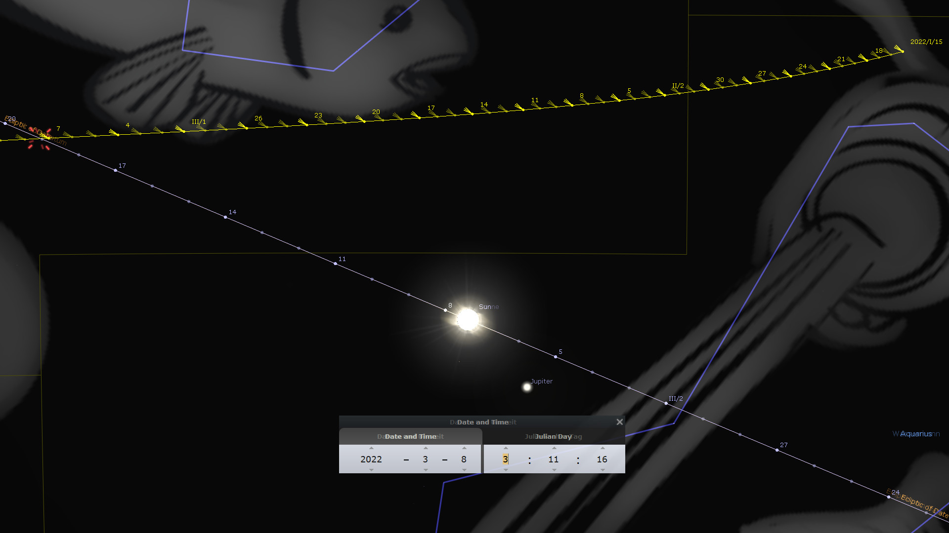 A computer-generated astronomical simulation showing a detailed celestial map. This includes the positions of the Sun and Jupiter, connected by line trajectories across the firmament, set against a dark sky. The interface displays a specific timestamp labeled "2022 - 3 - 8", capturing this celestial event. Silhouettes resembling ancient interpretations of the Mazzaroth frame the scene.