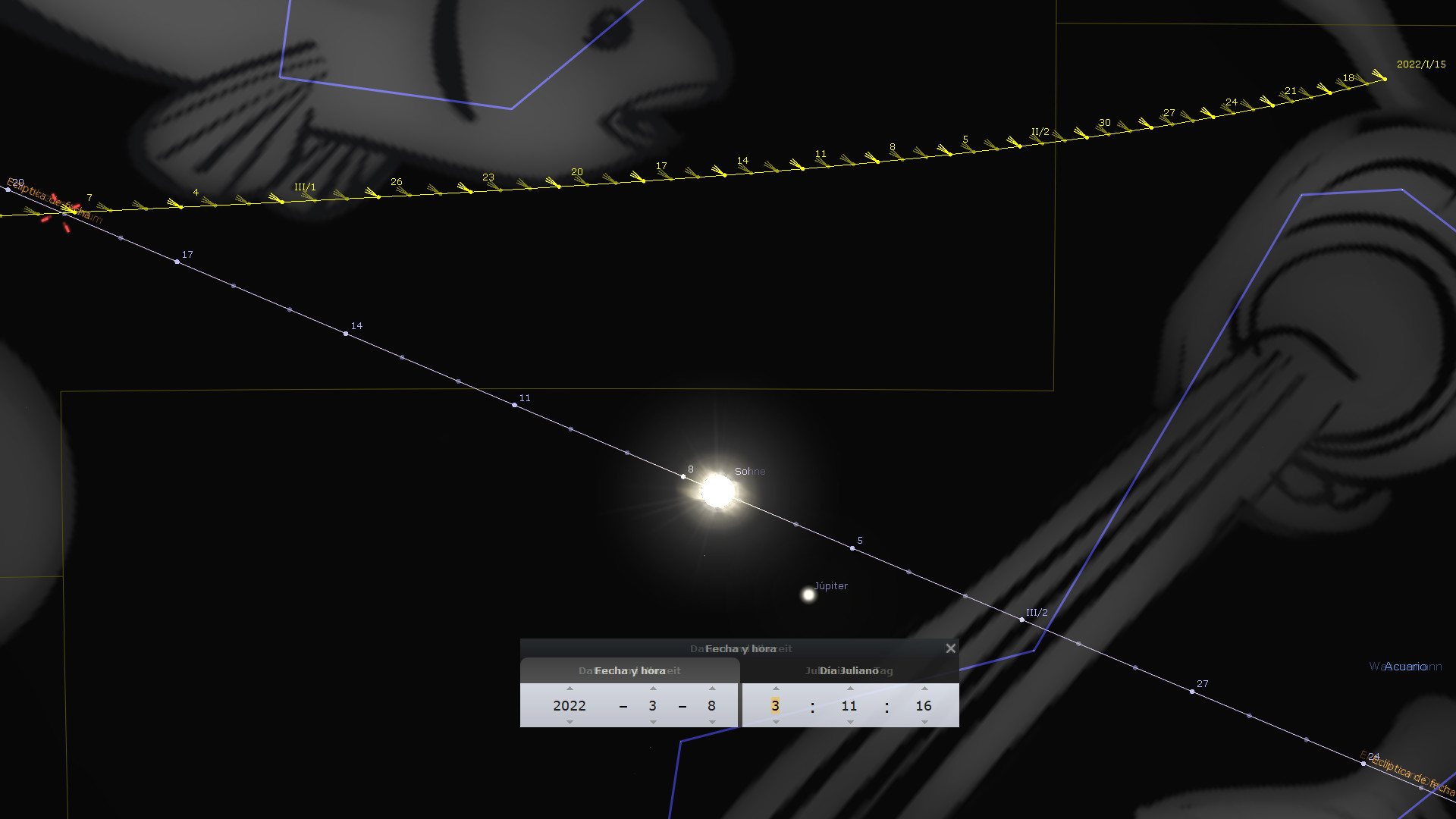 La imagen muestra una representación visual de una parte del Mazzaroth con líneas y etiquetas numéricas que marcan los días a lo largo de una línea curva sobre un fondo oscuro. La posición del sol, marcada como "Solnë" y el planeta Júpiter son visibles, junto con detalles sobre la fecha y hora juliana. Figuras estilizadas humanas y otros elementos astronómicos están delineados sutilmente en tonos grises.