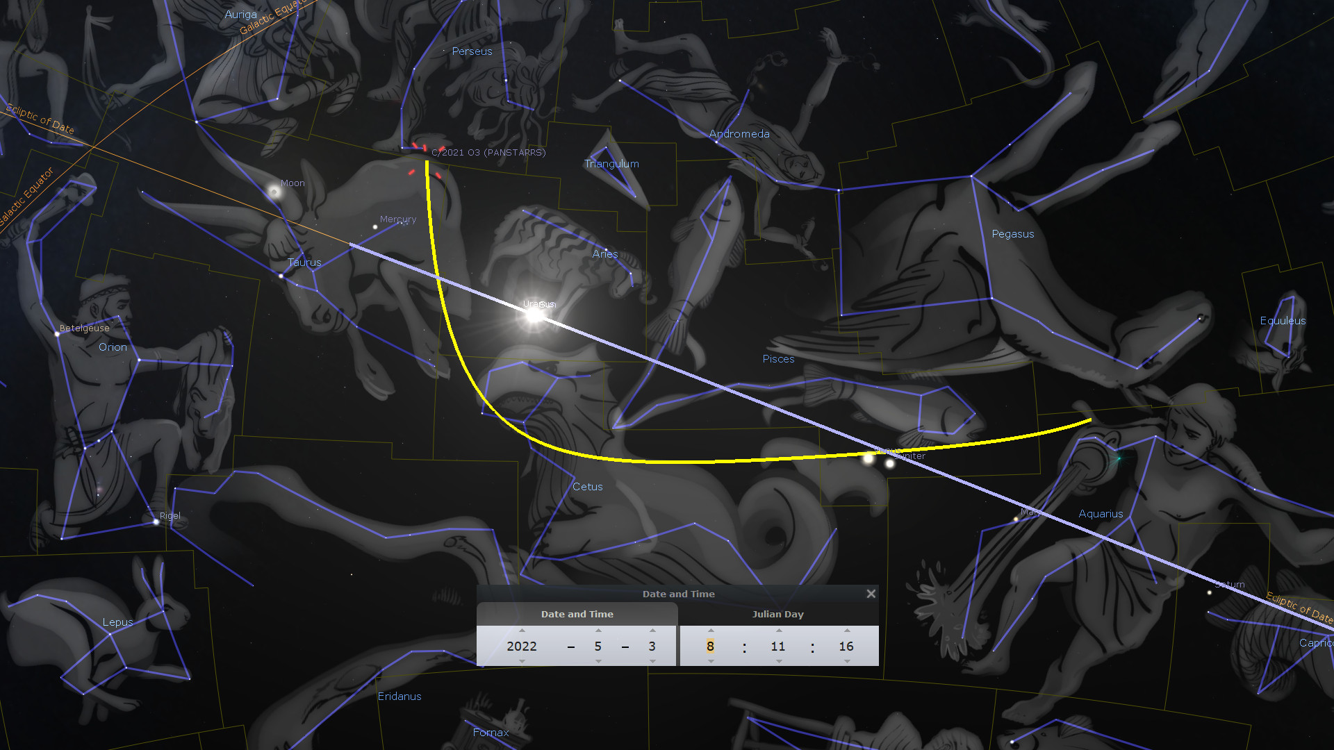 A detailed digital sky map featuring various celestial constellations, overlaid with grid lines and identification labels. The image includes a bright representation of the Sun along the ecliptic path, amidst the Mazzaroth constellations like Orion, Pisces, and Aquarius. Scientific coordinates and an interface showing date and Julian day are visible, enhancing the map’s functionality for astronomical observation.