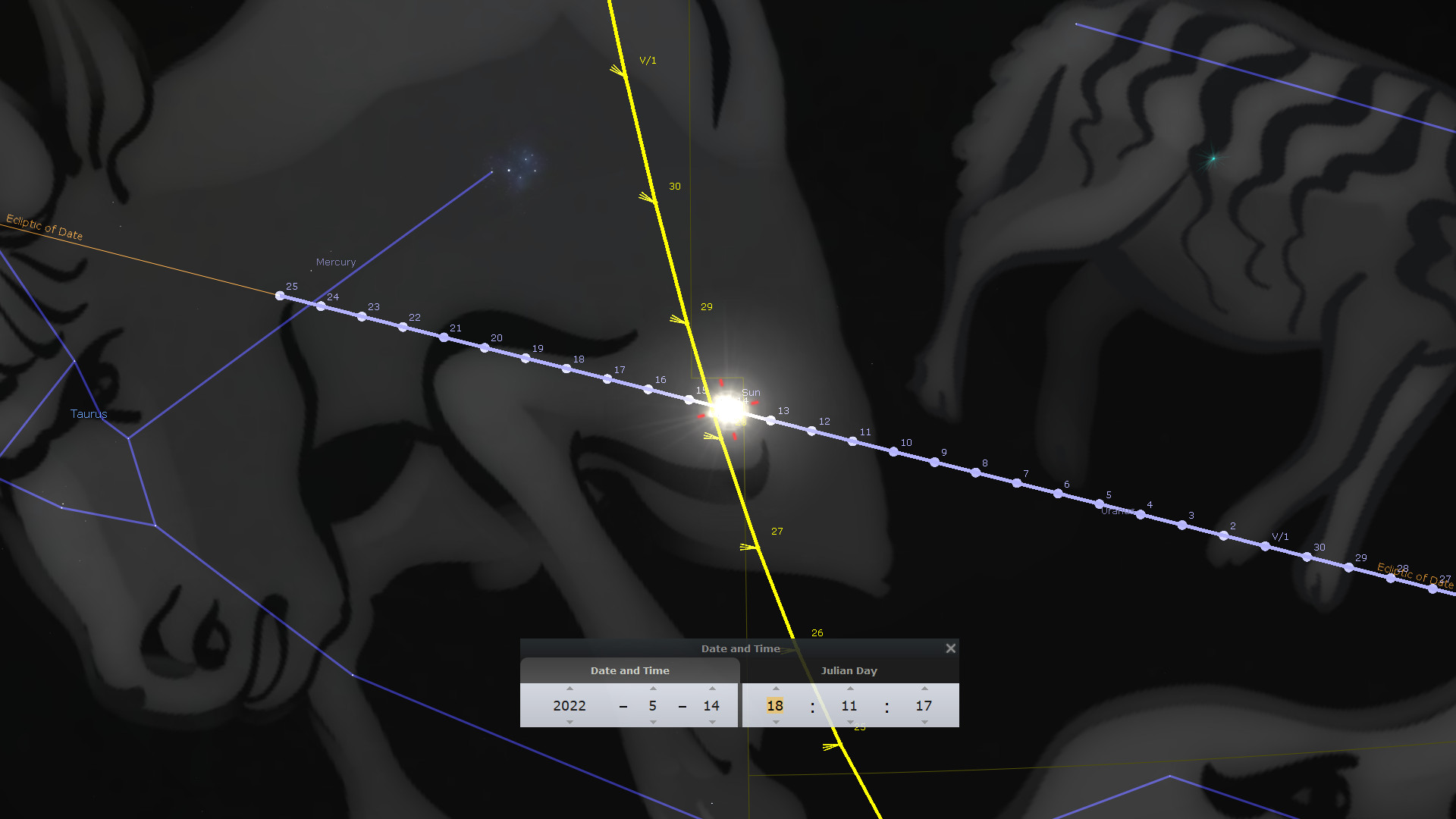 A digital astronomical representation showing the Sun aligned along the ecliptic path with celestial grid lines and markers on a dark background. Features include the Sun at the center emitting rays and labeled celestial objects including Mercury. The display also contains an overlay showing part of the Mazzaroth associated with a bull-like figure and data labels indicating position coordinates and Julian date.