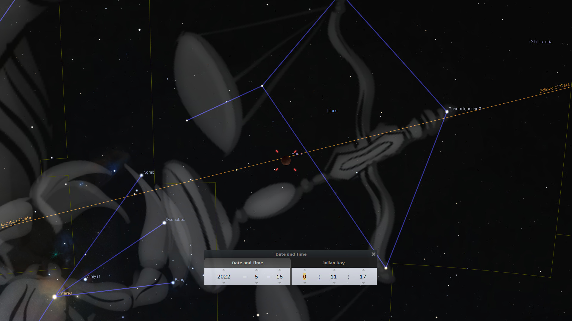 Digital depiction of the night sky showing constellations and celestial bodies with labels. Prominent stars and the Moon are connected by blue lines outlining constellations. A data panel displays the date and Julian day corresponding to the astronomical observation.