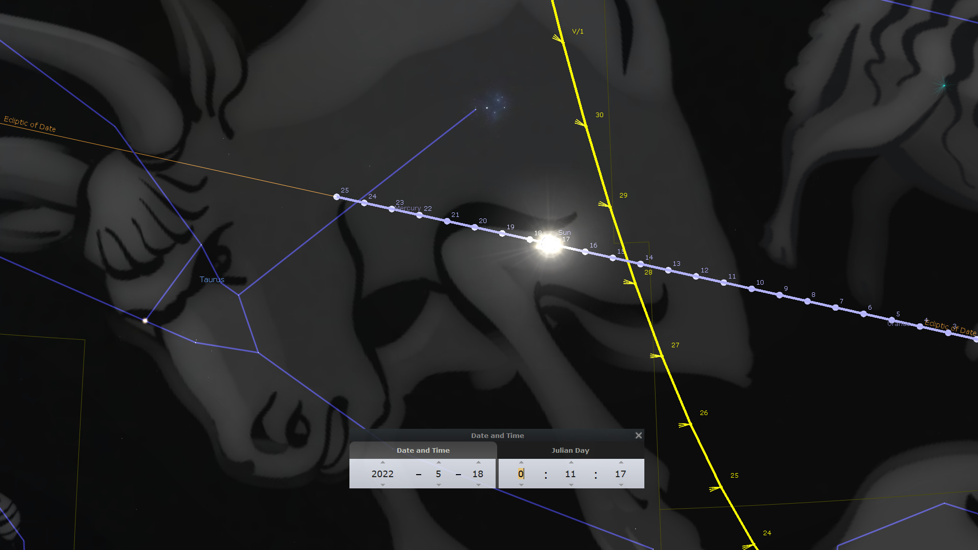 A digital astronomical representation showing a portion of the celestial sphere with the Sun aligned with celestial coordinates, surrounded by stylized dark images of creatures. Numerical annotations and lines map the movement and positions of celestial bodies, including a nearby star cluster and the planet Mercury.