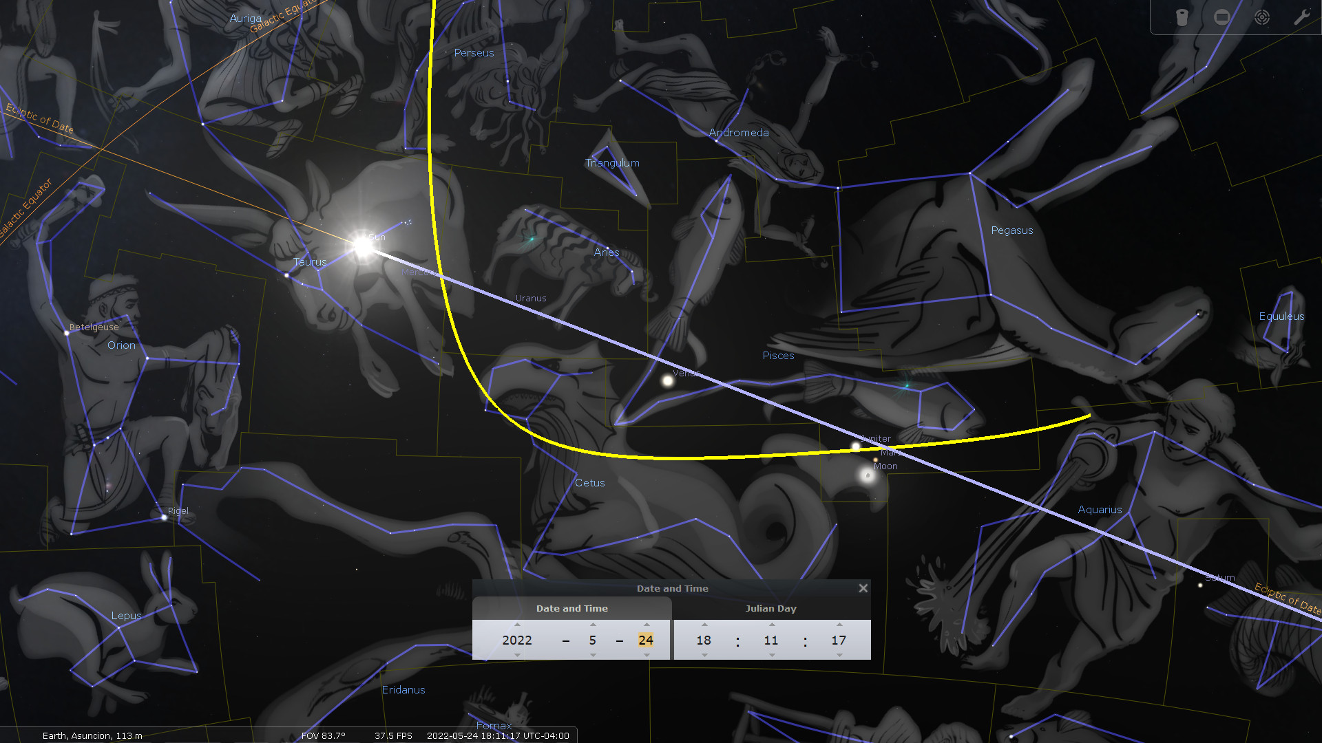 A detailed astronomical software screenshot depicting a star map with constellation figures and lines in blue highlighting various celestial groupings. Key celestial objects such as the Sun, the Moon, and the planet Uranus are marked, accompanied by visible lines representing the ecliptic and celestial equator in yellow. The view includes depictions of Orion, Taurus among others, blending traditional constellation art with modern astronomical annotations. The interface also shows settings for location, date, and time, indicating a snapshot taken above Asuncion, with assorted interface elements for navigation and observation.