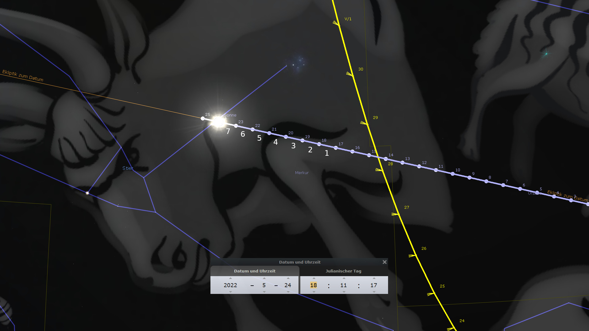 Grafische Darstellung des nächtlichen Sternhimmels über einer stilisierten grafischen Illustration von zwei Gesichtern, kombiniert mit über Overlay gezeigten Linien und Datenpunkten, die Himmelskörper bewerten. Mit Bezug auf die Mazzaroth Elemente und Anmerkung von Planeten wie Merkur und der Sonne.