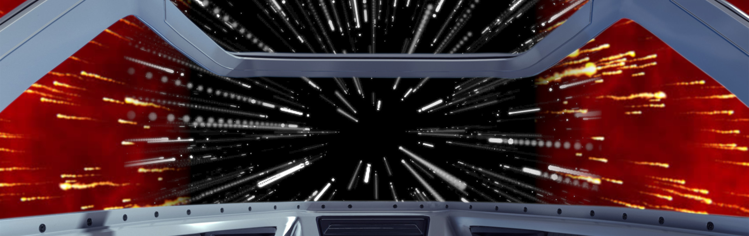 View from the inside of a futuristic spacecraft observing a cosmic event, featuring two large red panels displaying streaks of light simulating a high-speed motion through space. The central panel shows numerous diagonal white lines suggesting rapid travel past stars against a dark, starlit space.