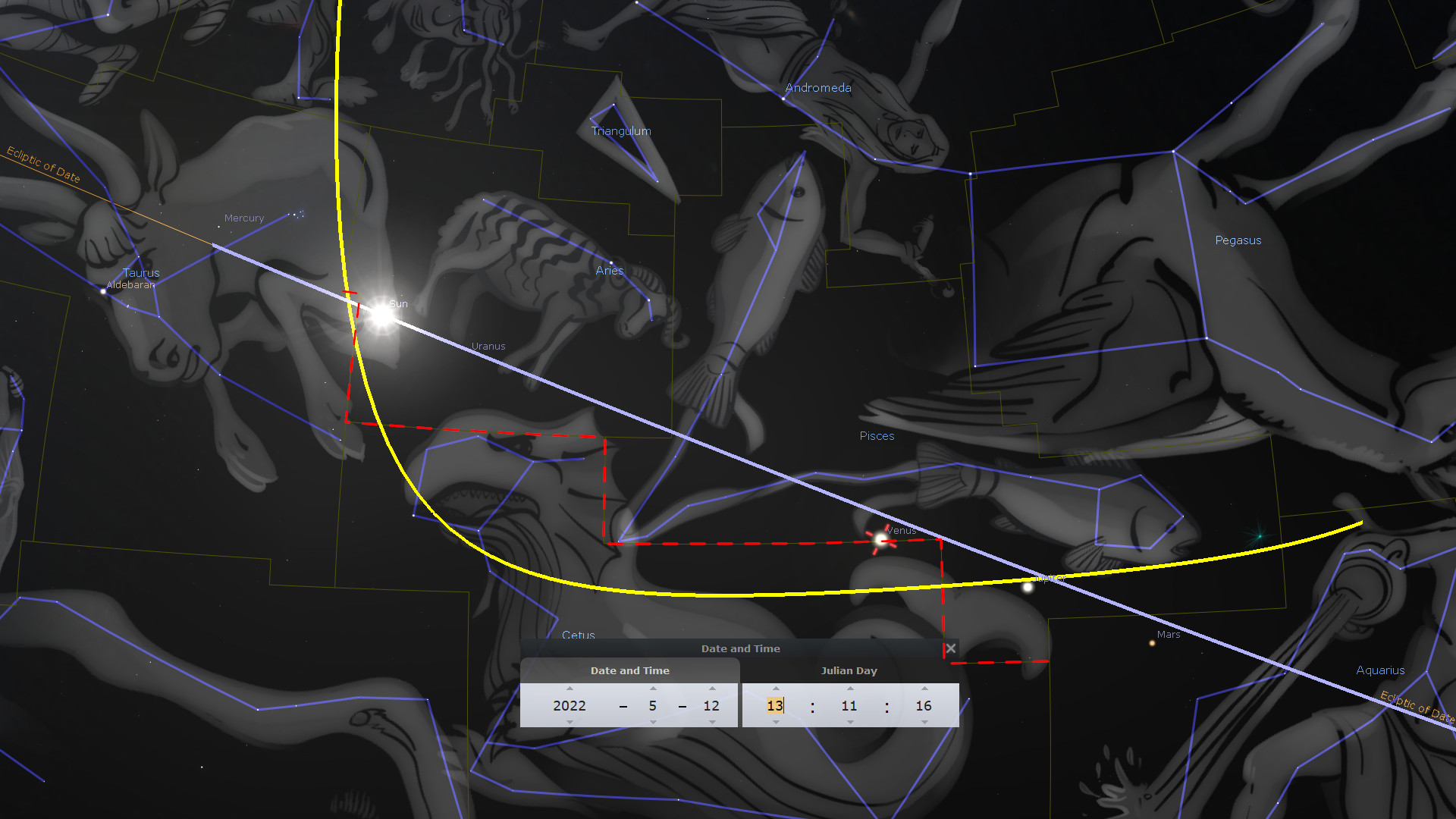 A detailed astronomical map displaying various celestial constellations and planetary positions. The image features artistic illustrations of figures corresponding to constellations, such as a bull and fish, intertwined with labeled astronomical bodies like Mercury, Venus, and Mars. A highlighted path shows the sun's movement across the sky, and interface elements indicate specific celestial events and their dates.