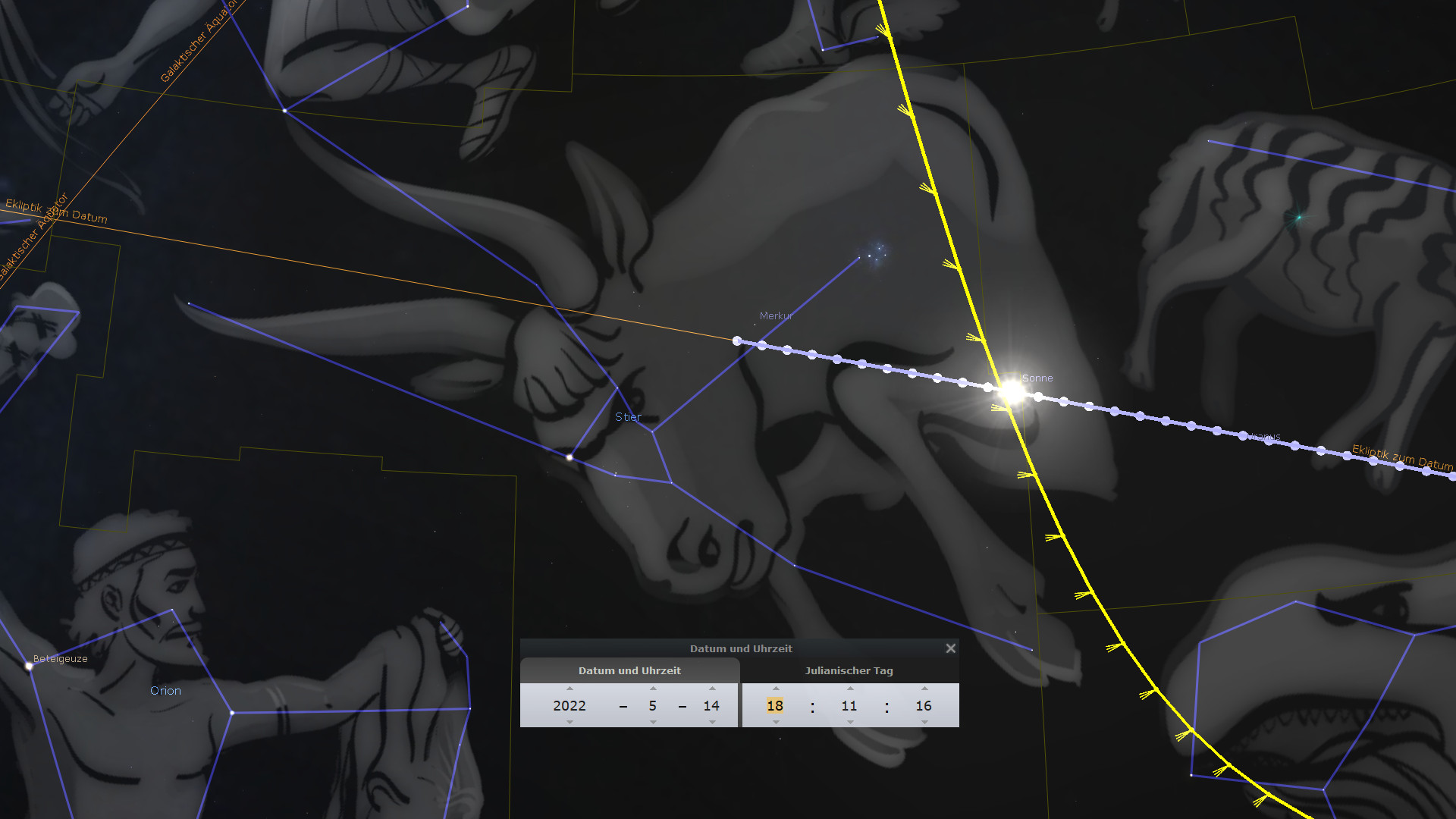 Digitale Darstellung des Sternenhimmels mit durch Linien verbundenen Sternen, die künstlerische Interpretationen von Stier und Orion zeigen. Dargestellt sind Elemente wie die Sonne und der Planet Merkur auf einer simulierten Bahn entlang des Himmels, betont durch gelbe und blaue Linien und geometrische Formen.