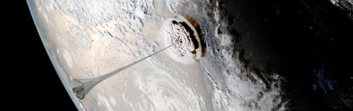 Vista satelital de un fenómeno meteorológico sobre la superficie de la Tierra, que presenta un área cubierta de nubes con un patrón circular distintivo que se asemeja a las configuraciones mencionadas en el Mazzaroth.