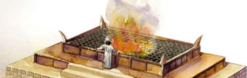 Ilustración de un altar antiguo con un fuego ardiendo brillantemente en la parte superior y con una sola figura de pie junto a él observando las llamas.