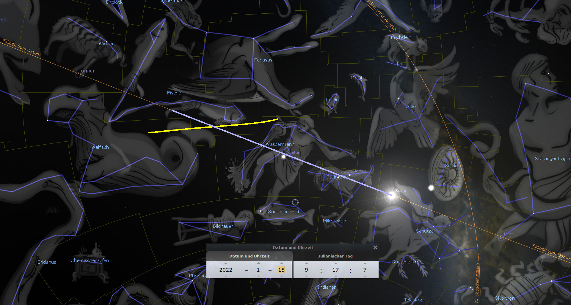Digitale Darstellung des Nachthimmels mit verschiedenen Sternbildern und Planeten wie Uranus, Jupiter und Venus, verlinkt durch Sternlinien. Die Namen der Sternbilder, wie Pegasus, Wassermann und Fische, sind deutlich markiert. Ein Interface zeigt Datum und Uhrzeit an.