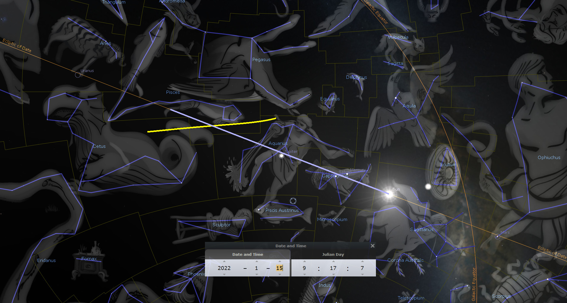 A detailed star map showcasing various constellations linked by blue lines against a dark space background. An overlay includes planet names such as Venus, Mars, and Jupiter, along with coordinates and a date and time interface at the bottom. Some overlaid elements contain figures resembling historical celestial depictions found in the Mazzaroth.