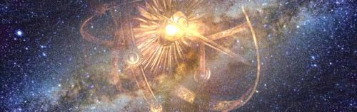 Una representación celestial que presenta una luz central radiante rodeada de rayos simétricos, sobre un fondo cósmico repleto de estrellas, que recuerda a las imágenes del Mazzaroth.
