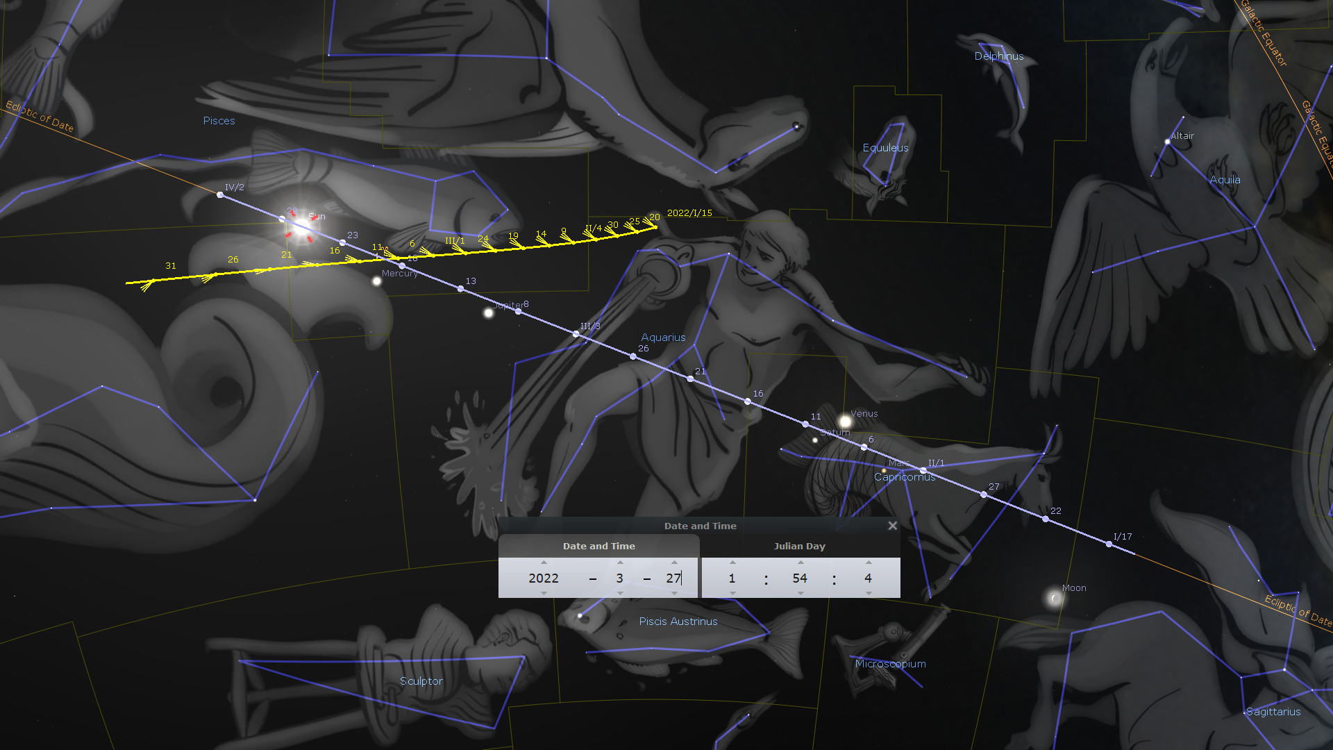 A detailed astronomical software display showing a celestial map with various heavenly bodies and figures representing constellations, highlighted in blue against a dark background. The map includes markers for planets such as Mercury and Venus, and traces the ecliptic plane across the sky. Icons and text indicating specific celestial coordinates and dates are visible, focusing on a historical celestial event dated March 27, 2022.