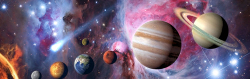 Una vívida ilustración del sistema solar con un telón de fondo cósmico repleto de estrellas, nebulosas y nubes interestelares. Esta imagen incluye representaciones detalladas de varios planetas, como la Tierra, Marte y los gigantes gaseosos Júpiter y Saturno.