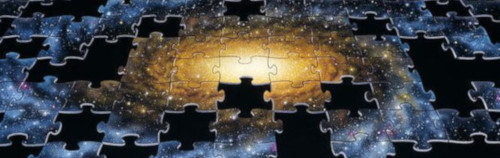 Un rompecabezas que presenta una imagen celestial de estrellas a la que le falta una pieza central y que revela un brillo dorado que simboliza elementos del Mazzaroth en el vasto cosmos estrellado.