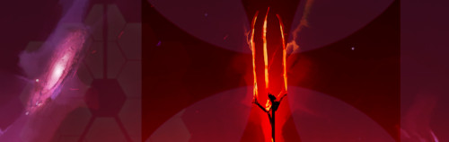Una escena cósmica artística que representa una figura etérea que sostiene una antorcha brillantemente encendida, rodeada de formas celestiales de color rojo intenso y violeta, que sugieren los cuerpos celestes del Mazzaroth.