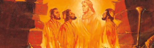Representación artística de una escena bíblica con Jesucristo interactuando con tres apóstoles. El ambiente es cálido, con tonos naranjas y amarillos que simbolizan una atmósfera celestial, en referencia a los cuerpos celestes, que podrían asemejarse al Mazzaroth.