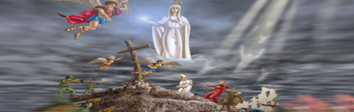 Obra digital surrealista que representa una montaña con diversos elementos simbólicos y celestiales, incluyendo una gran estatua blanca de una figura con túnica y rayos de luz, una cruz de madera y pequeños personajes animados realizando actividades dinámicas. El fondo presenta un cielo nublado con influencia celestial, que sugiere una representación del Mazzaroth.