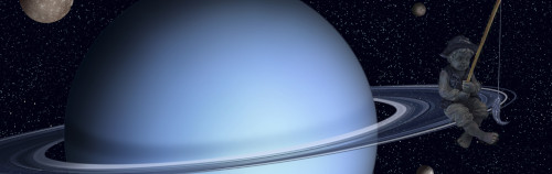 Representación artística de un gran gigante gaseoso azul con anillos prominentes, rodeado de escombros rocosos. Un astronauta, atado a una nave espacial, flota en primer plano, realizando una caminata espacial entre los cuerpos celestes.