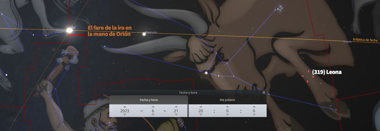 Imagen digital de un mapa estelar mostrando parte de la constelación de Orión, con líneas que conectan puntos luminosos que representan estrellas. Se observan detalles gráficos como una fecha calendario y notas textuales en español señalando elementos como el Sol y Mercurio.