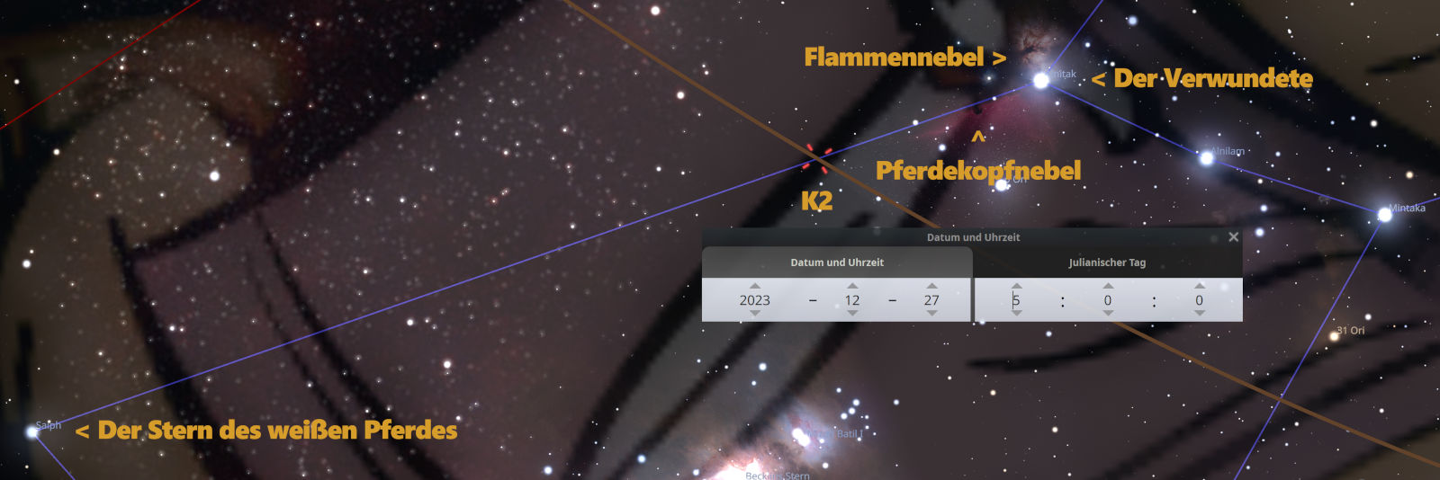Astronomische Darstellung mit verschiedenen Himmelsobjekten und Sternenbildern. Zu sehen sind der Flammennebel, der Pferdekopfnebel und verschiedene Sterne wie Saiph und Betelgeuse, eingebettet in eine sternenreiche Milchstraße. Ein interaktives Interface zeigt Datumsangaben für 2023-12-27 mit julianischem Tag.