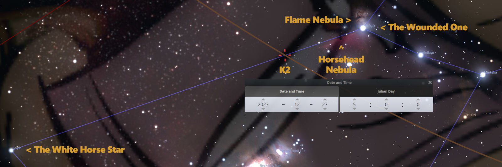 A digital astronomy application screenshot showing a star map annotated with celestial features. Notable identifications include the Horsehead Nebula, Flame Nebula, and prominent stars named 'The White Horse Star' and 'The Wounded One.' Lines interconnect these points, creating a network of celestial positions against the backdrop of a dense star field and nebulae, color-coded labels and a date-time control panel for the year 2023 prominently displayed.