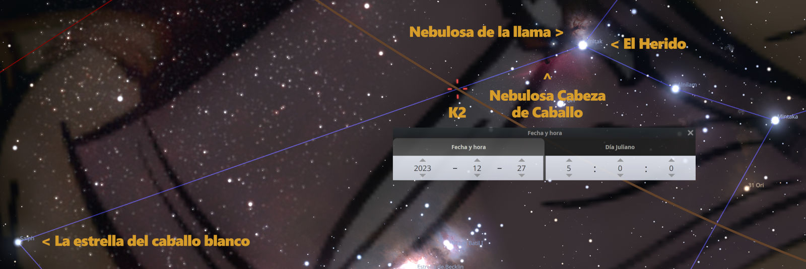 Imagen astronómica mostrando varias nebulosas y estrellas en el espacio. Se destacan en la imagen la Nebulosa de la Llama, la Nebulosa Cabeza de Caballo, y estrellas brillantes como Saiph y Mintaka con líneas que indican sus posiciones y nombres. También se muestra una interfaz de software con opciones para ajustar fecha y hora en un calendario gregoriano.