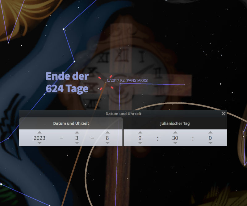 Grafische Darstellung eines astronomischen Interfaces mit der markanten Aufschrift "Ende der 624 Tage", einer Konstellation im Hintergrund, und Angaben zu Datum und Uhrzeit für den 8. März 2023, 9:30 Uhr, unter dem Kometen "C/2017 K2 (PANSTARRS)".