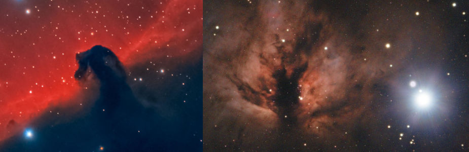 Two images of celestial nebulae under a starry sky. The left image displays a nebula resembling a dark horse's silhouette against a backdrop of red and blue cosmic dust and bright stars. The right image shows a nebula with a complex structure surrounded by a cloud of gas and dust, illuminated by a bright star on the right side.