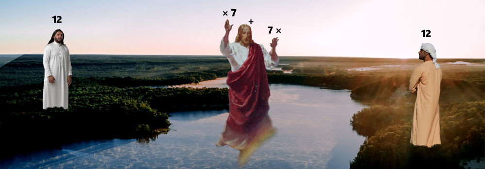 A composite image featuring three figures across a landscape of river and grassland at sunrise or sunset. On the left stands a man in a white robe looking outward. In the center, a figure dressed in a red robe appears to walk on water, making a blessing gesture, accompanied by symbols "times 7" and a cross. On the right, a man in a beige robe stands facing away towards the horizon, beside the symbol "12".