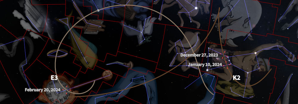 Digital depiction of the Mazzaroth mapped with golden lines connecting various figures in the night sky, overlayed with significant celestial event dates for 2023 and 2024.