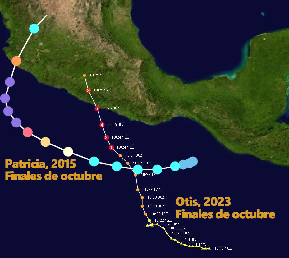 Mapa que muestra las trayectorias de dos sistemas meteorológicos, Patricia en 2015 y Otis en 2023, moviéndose a través de México en los finales de octubre. Cada trayectoria está indicada con puntos de colores que representan la posición del sistema en momentos específicos, marcados con fechas y tiempos.