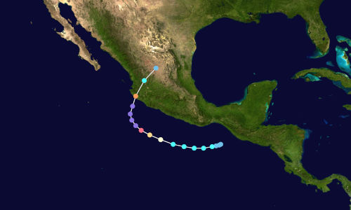 Satellite imagery showing the progression of a hurricane as it travels west towards Baja California. The path is marked by a color gradient from blue to red indicating changes in intensity.