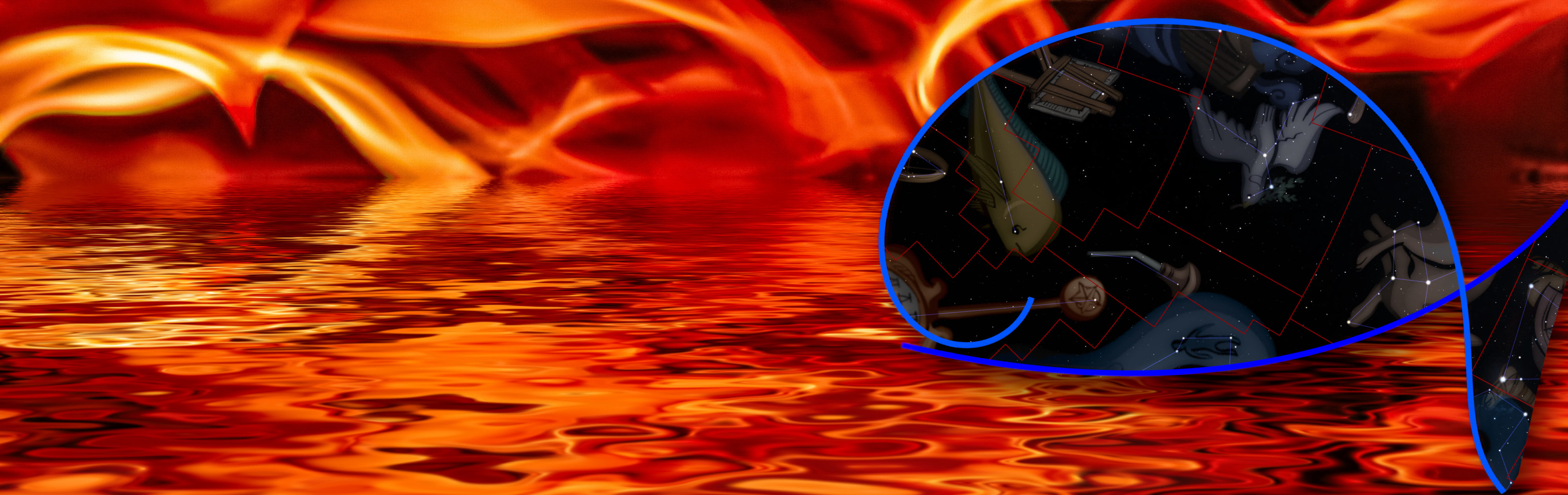 A vibrant digital art piece featuring a foreground of fiery orange and red waters reflecting light waves, with a large circular overlay containing a night sky background filled with constellation figures from the Mazzaroth, including symbolic animals and objects interlinked with star constellations.