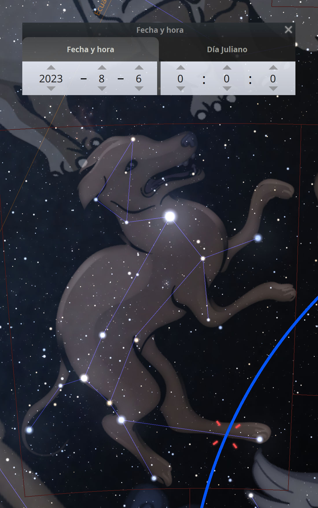 Imagen de una constelación en forma de animal con grandes cuernos, conocida en el Mazzaroth, sobre un fondo de estrellas. Incluye un panel de interfaz de usuario que muestra la fecha y hora, ajustable al 6 de agosto de 2023, y el día juliano, con botones de control.