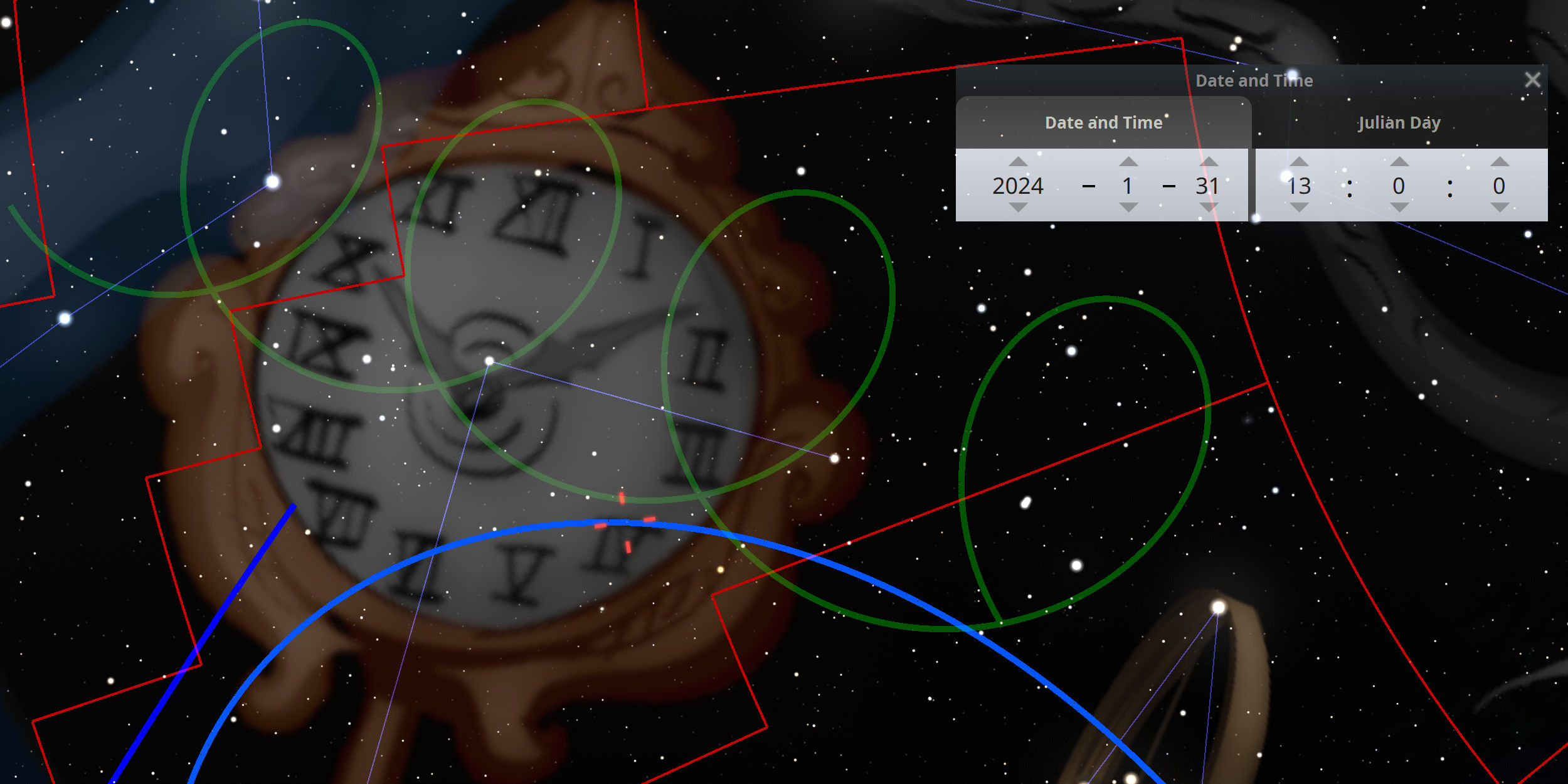 A depiction of a celestial navigation tool superimposed over a starry sky background, with colored orbital paths and constellation lines intersecting it. The tool shows Roman numerals and, in the top right corner, a display panel showing the date January 31, 2024, with a Julian day reference.