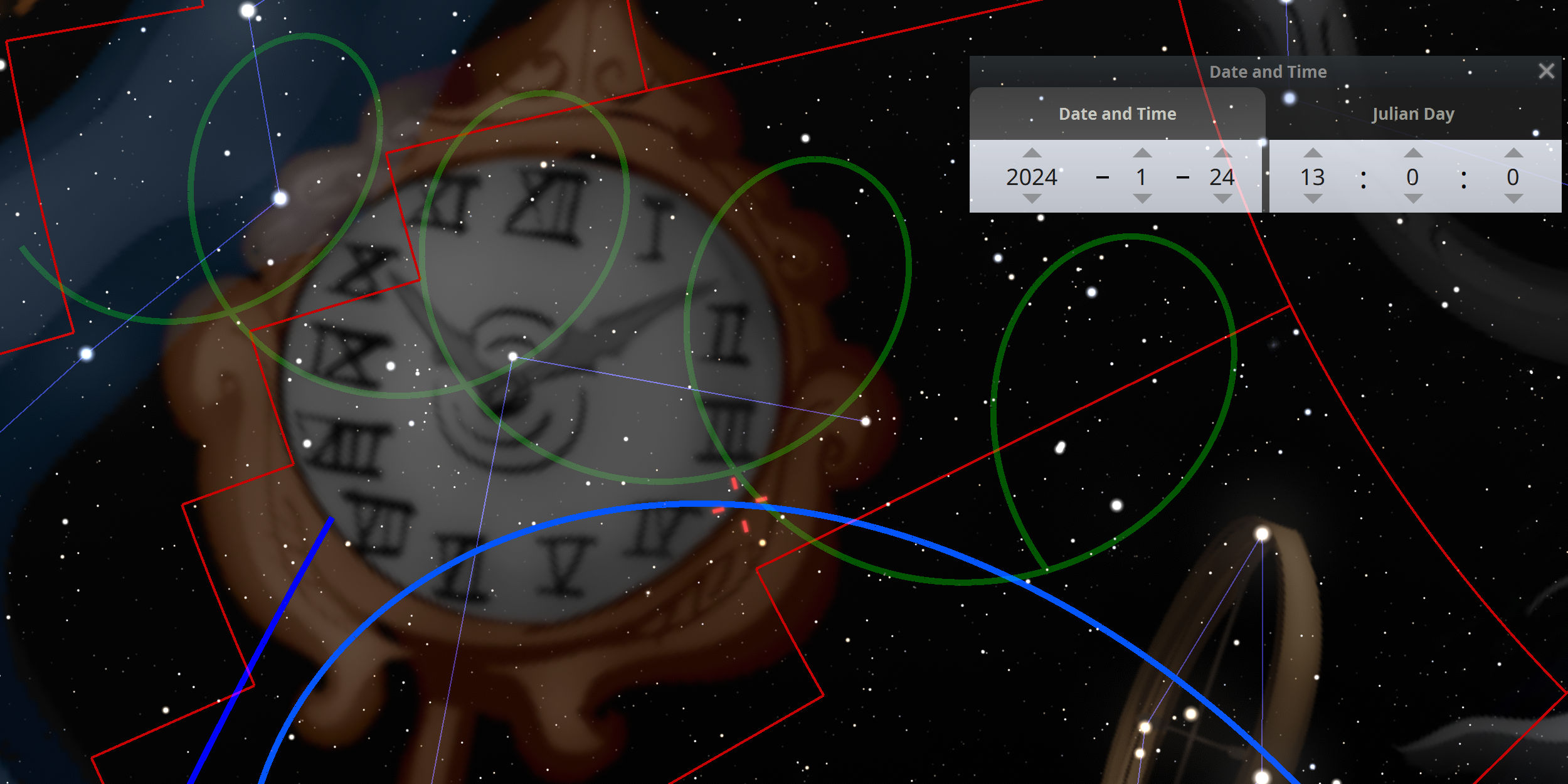 Digital rendering illustrating celestial phenomena with an antique clock face overlaid by color-coded orbital paths. Each path varies in transparency against a backdrop of a starry night sky. A user interface displays date and time settings focusing on 2024-1-24.