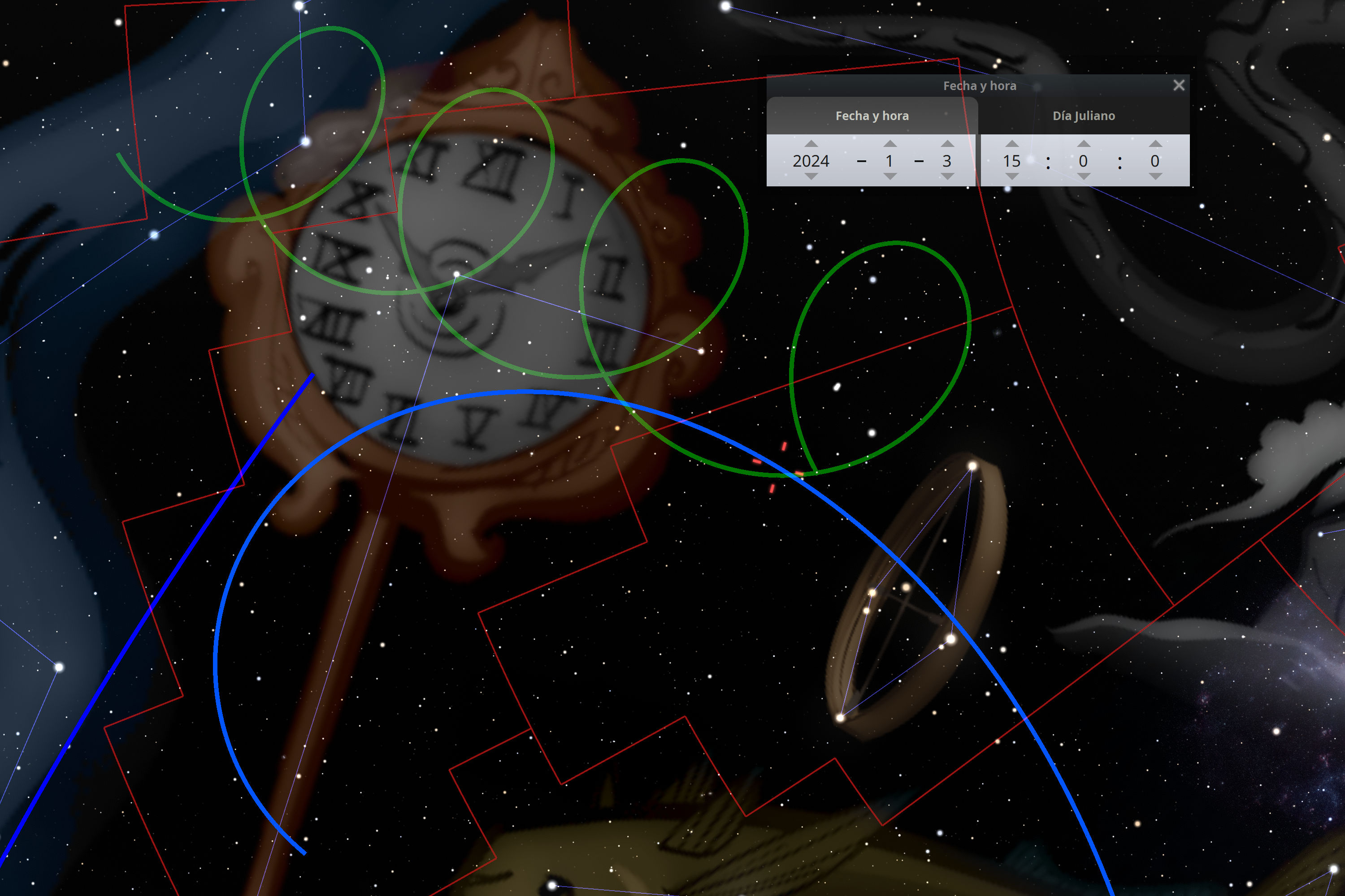 Imagen digital compleja representando una escena cósmica con un reloj antiguo superpuesto con números romanos, rodeado de líneas y círculos de colores que simulan trayectorias celestiales. En el fondo estrellado, figuras geométricas flotan junto a un anillo planetario, y una interfaz de usuario muestra la fecha del 3 de enero de 2024.